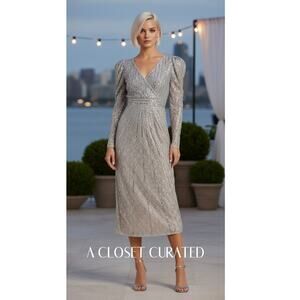 Mac Duggal Beaded Lace Long Sleeve Midi Dress 4 Silver NWT Style 93676